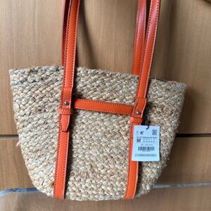 NWT Zara Straw Bag with Orange Leather Handles and Piping